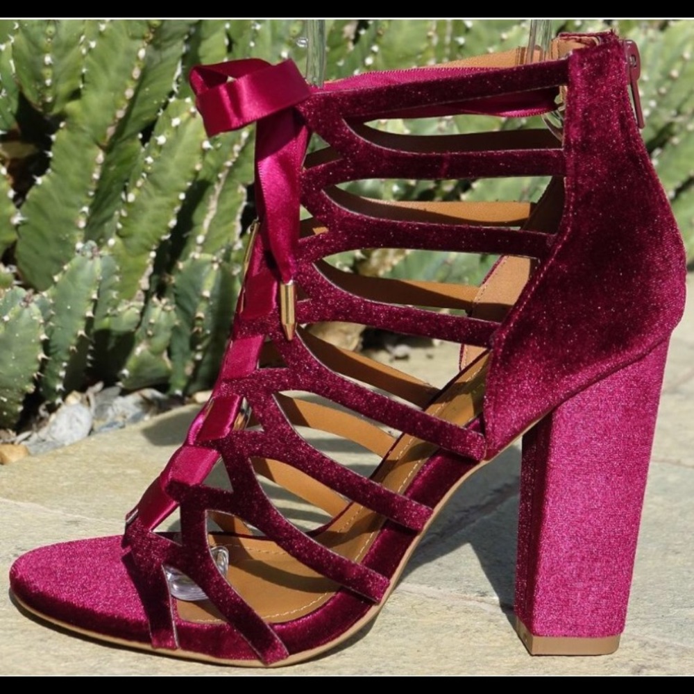 WINE CAGED OPEN TOE SATIN TIE FRONT CHUNKY HEEL
